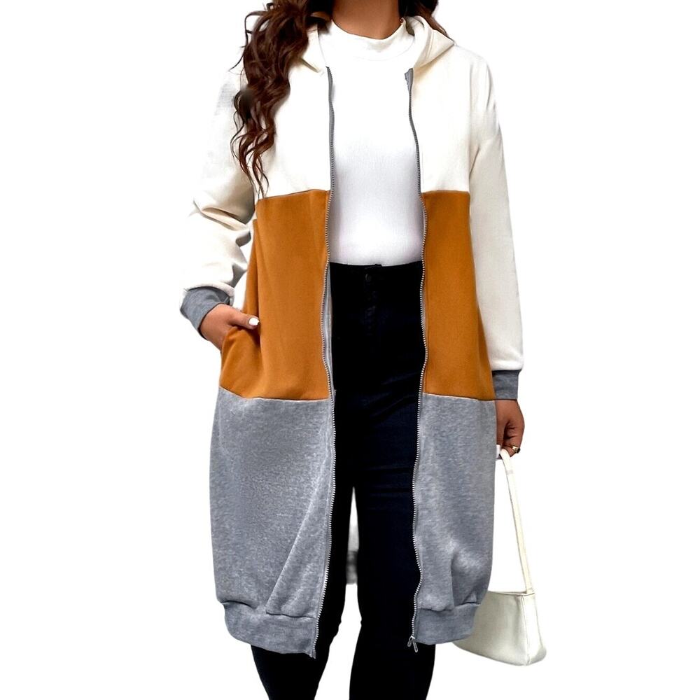 Plus Colorblock Long Line Zip Up Hoodie in Gray, Size 0XL